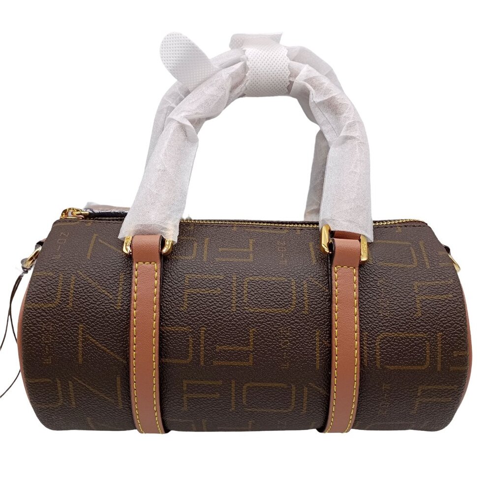 FION HK Monogram Brown Small Leather Mini Pavilion Style Crossbody Tote Bag NWT